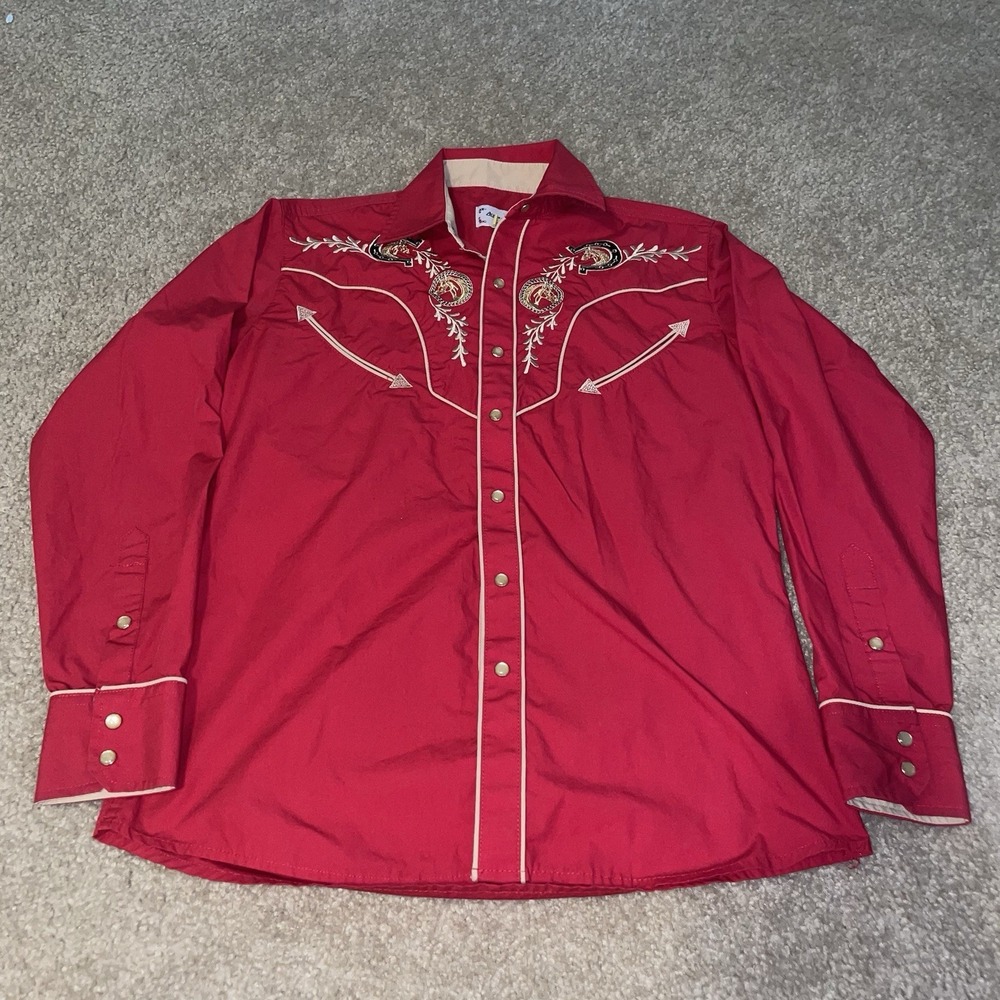 Ace of‎ Diamond Mens Red Western Pearl Snap Shirt Horse Embroidery Small